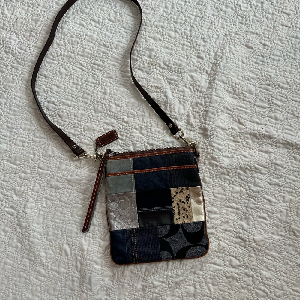 Y2k Coach patchwork crossbody bag brown genuine leather denim festival indie
